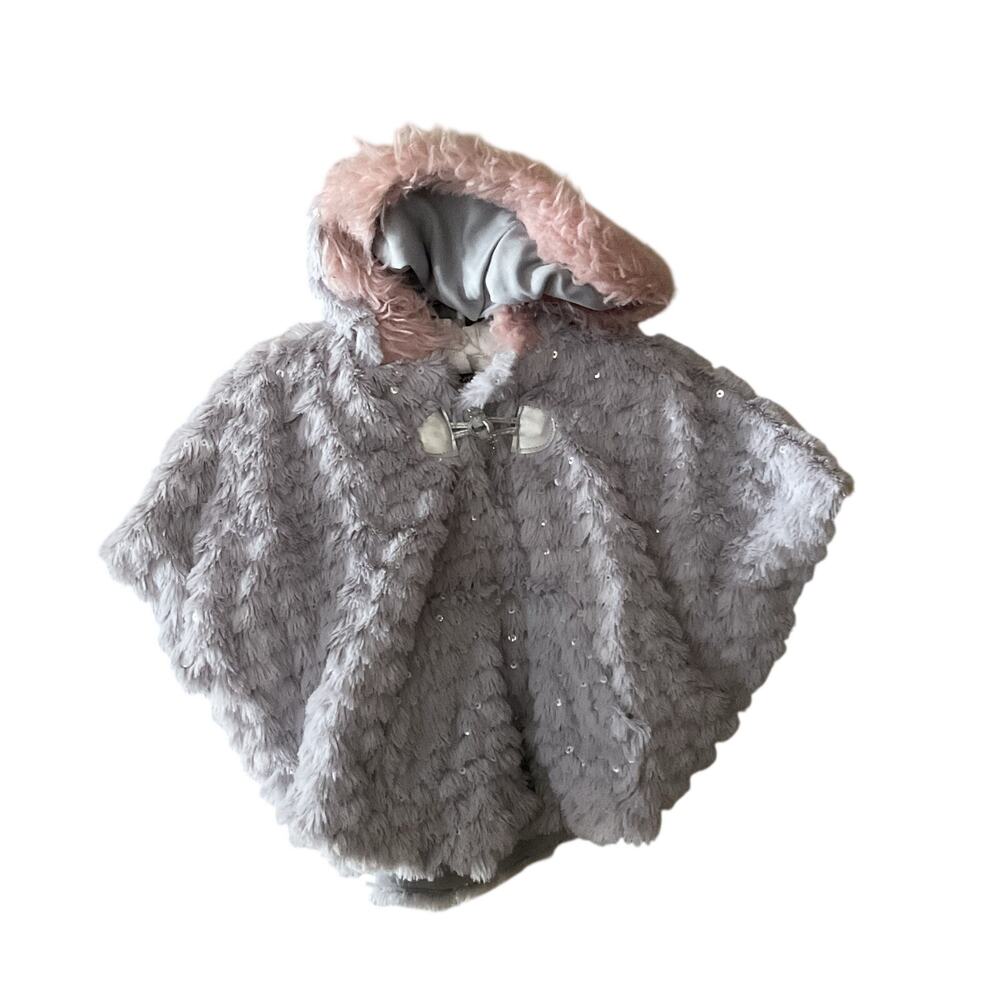 Little Lass Girls Faux Fur Hooded Cape Poncho Gray Pink Size 24M